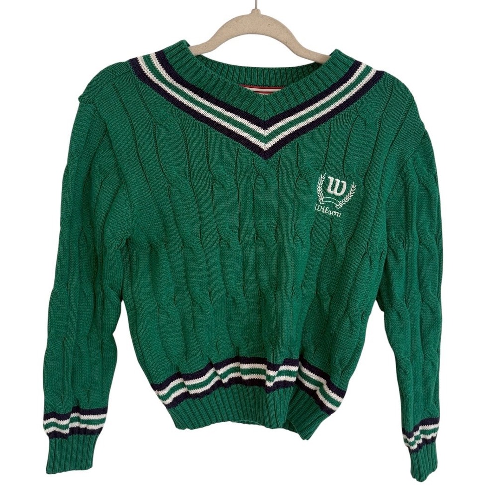 Wilson Kids Green Cable Knit V-Neck Sweater Striped Trim Size L 10/12 New